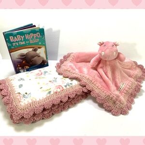 🌺SOLD🌺Pink Hippopotamus Crochet Baby Blanket Lovey Book Gift Set - 3 Piece
